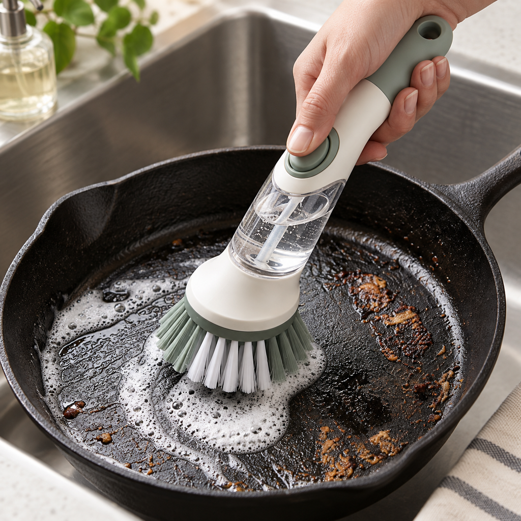 Liquid-dispensing dish brush