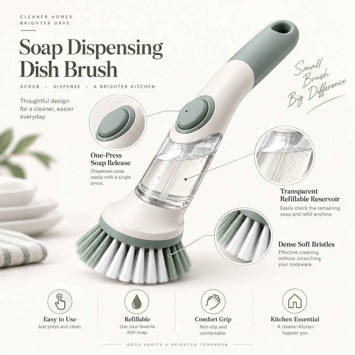 Liquid-dispensing dish brush