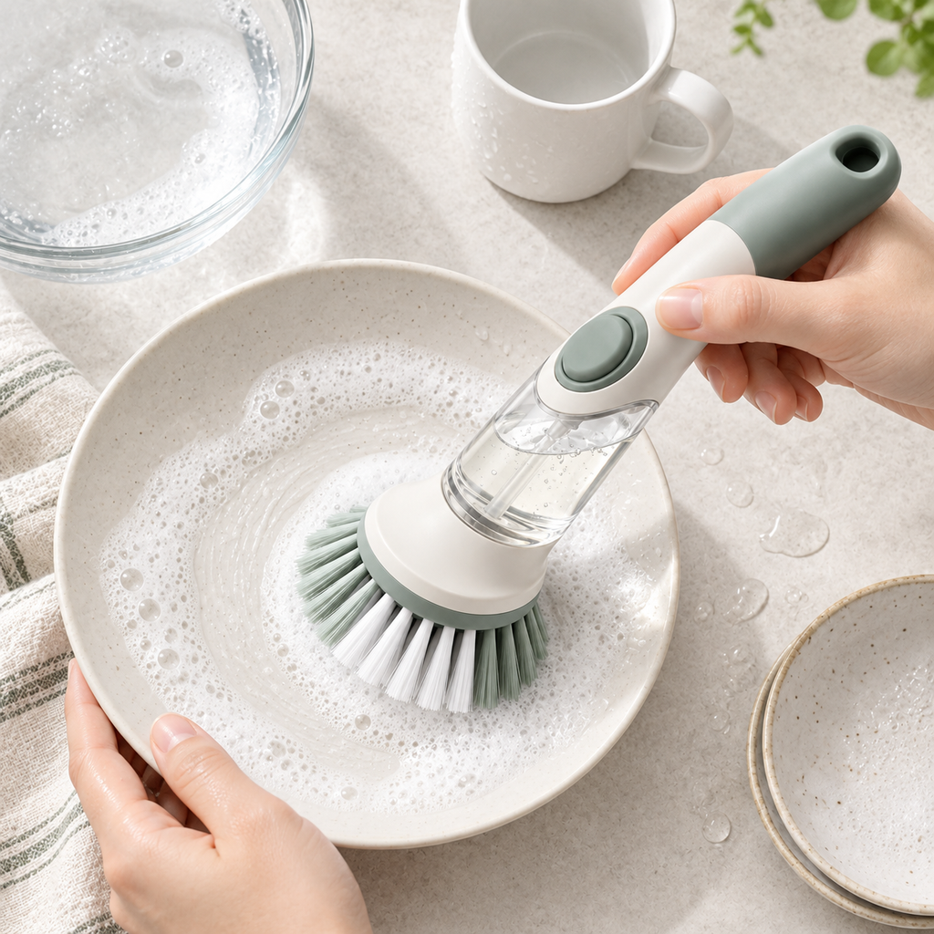 Liquid-dispensing dish brush